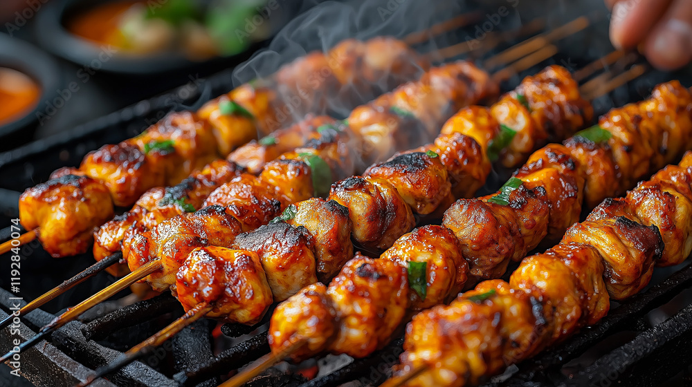 Grilled Chicken Skewers, Chicken skewers grilling on a barbecue. Grilled Chicken Skewers, Chicken skewers grilling on a barbecue.