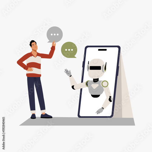 Man interacting with chatbot on smartphone in flat vector illustration symbolizing AI communication, virtual assistant, and online interaction, isolated on white background.