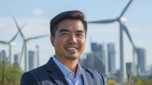 A cityscape powered by renewable energy with solar panels and wind turbines in the background.