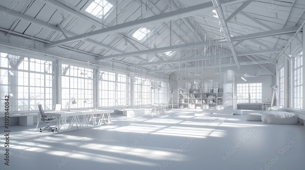 Obraz premium Sunlit spacious white industrial loft interior.