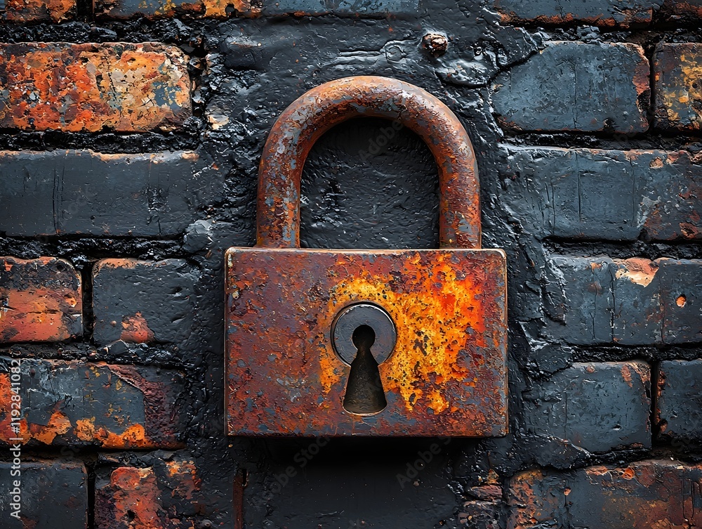 Rusted Padlock Icon Embedded in Aged Brick Wall Symbolizing Unyielding Protection Rusted Padlock Icon Embedded in Aged Brick Wall Symbolizing Unyielding Protection
