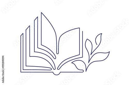 Open book with sprout plant, leaves. Line art icon