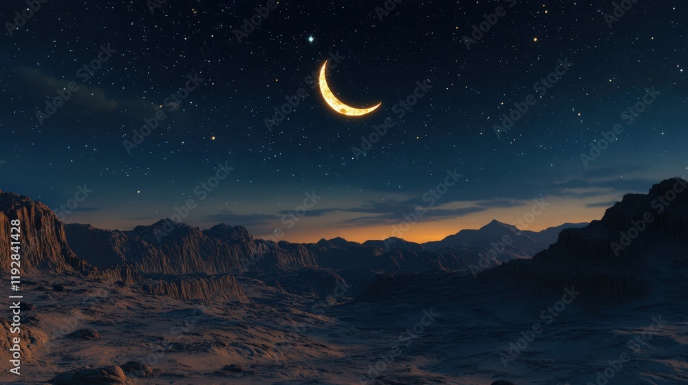 A crescent moon illuminates a desolate mountain landscape under a starry sky at dusk A crescent moon illuminates a desolate mountain landscape under a starry sky at dusk