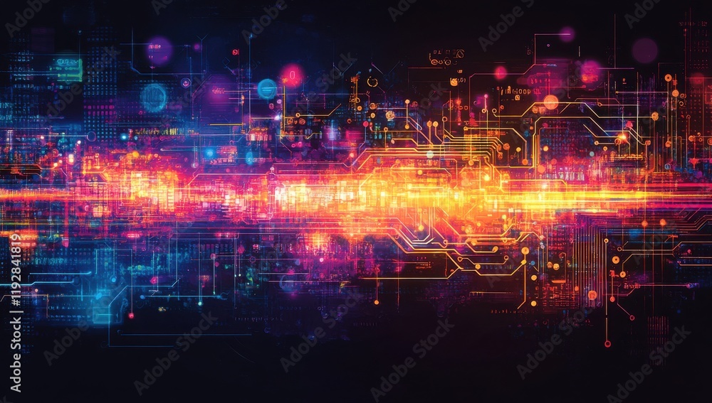 custom made wallpaper toronto digitalAbstract digital circuit background showcasing vibrant colors and complex technology patterns, representing innovation, connectivity, and advanced computing in a futuristic setting.