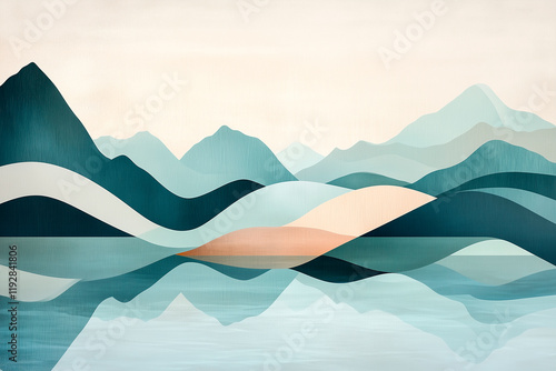 
A clean Scandinavian depiction of geometric waves and a serene coastline, in muted colors of taupe, teal, and beige