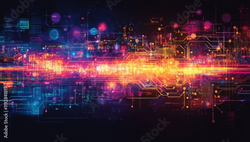 Wallpaper Mural Abstract digital circuit background showcasing vibrant colors and complex technology patterns, representing innovation, connectivity, and advanced computing in a futuristic setting. Torontodigital.ca