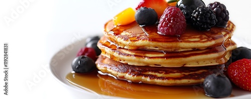 Stacked pancakes with vibrant fruit and syrup, shown on a smooth white background, captured in full ultra HD resolution. photo