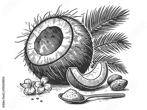 Coconut whole and sliced, a tropical fruit staple sketch engraving generative ai vector illustration. Scratch board imitation. Black and white image.