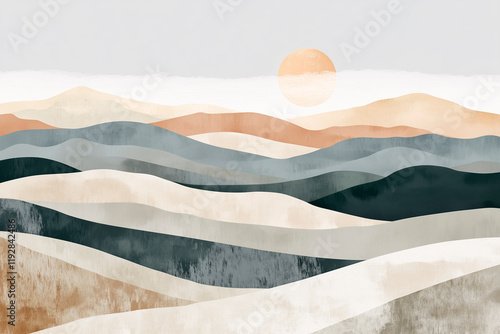 
A Scandinavian abstract representation of a sunrise over rolling hills with clean shapes, in muted tones of sage gray, beige, and taupe