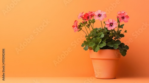 Wallpaper Mural Pink flowers in terracotta pot against orange background Torontodigital.ca