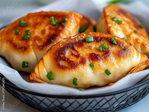 A basket filled with three dumplings covered in cheese and green onions photo