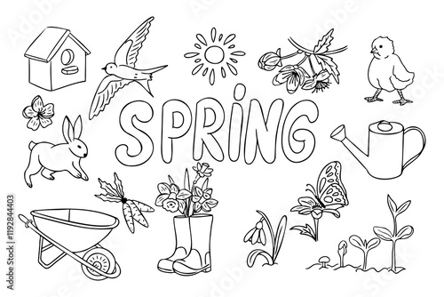 Spring black and white coloring page with flowers, a rabbit, birds, a wheelbarrow, boots, a watering can, and the contour line word Spring. Vector doodle composition isolated on white background