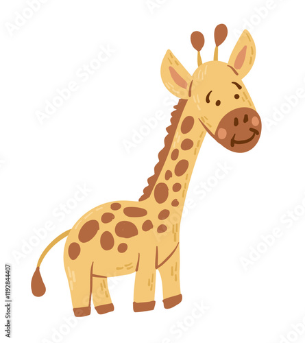 Cute hand drawn giraffe illustration with friendly smile, with yellow and brown tones and a simple, playful design isolated on white background. Vector childish drawing