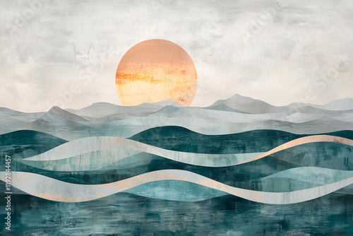 An abstract Scandinavian seascape with geometric waves and a setting sun, blending sage gray, muted teal, and warm beige hues


