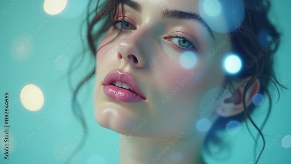conceptual minimalist pop art close-up French supermodel's face relaxed looking expression shimmering soft pink lips baby blue conceptual minimalist pop art close-up French supermodel's face relaxed looking expression shimmering soft pink lips baby blue