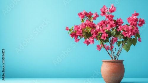 Wallpaper Mural Pink Bougainvillea Blooms in Terracotta Pot Against Blue Background Torontodigital.ca