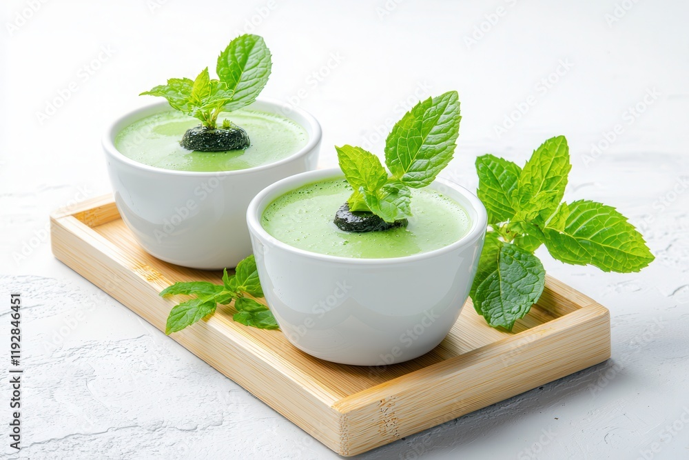 Organic matcha dessert. Fresh mint desserts served in white bowls on a wooden tray. Organic matcha dessert. Fresh mint desserts served in white bowls on a wooden tray.