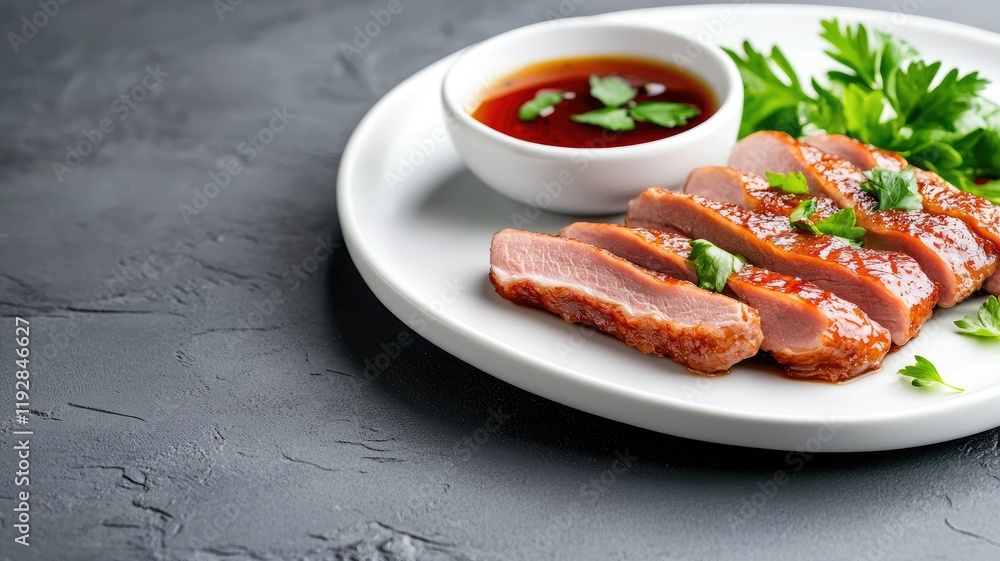 Sliced roasted duck breast with sauce and herbs on white plate Sliced roasted duck breast with sauce and herbs on white plate