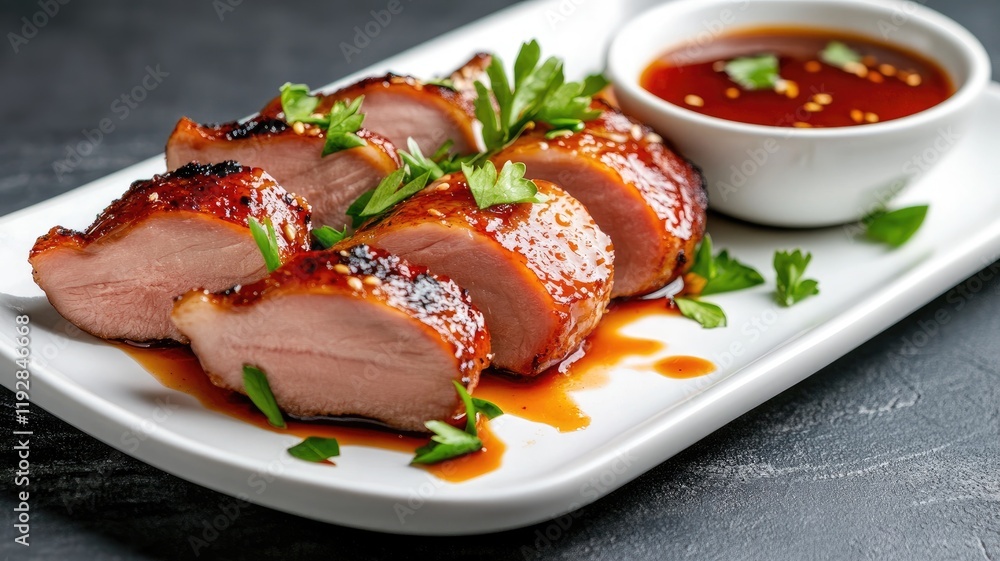 Glazed meat slices on white plate with dipping sauce and garnished herbs Glazed meat slices on white plate with dipping sauce and garnished herbs