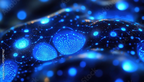 Abstract representation of glowing blue particles in a dark cosmic environment, illustrating the beauty of microcosmic elements in a vibrant and dynamic setting.