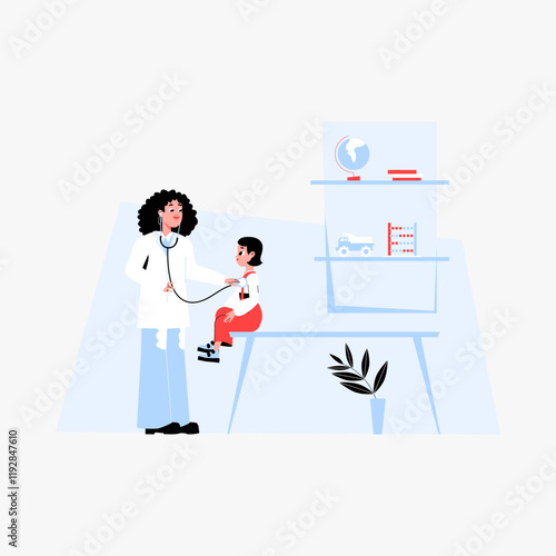Female doctor using stethoscope to examine young boy in flat vector illustration symbolizing medical care, pediatric checkup, and health diagnosis, isolated on white background.