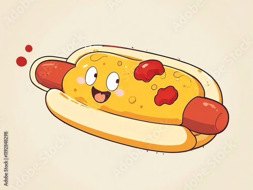 Happy Hot Dog: A Delightful Cartoon Illustration of a Smiling Hot Dog in a Bun with Mustard and Ketchup photo