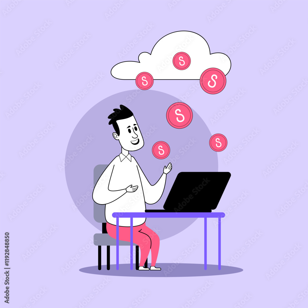 Happy businessman getting good profit vector illustration. Manager working on laptop, coins falling from cloud. Business and finance concept Happy businessman getting good profit vector illustration. Manager working on laptop, coins falling from cloud. Business and finance concept
