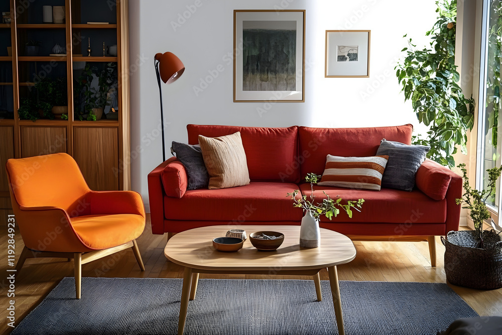 Fototapeta premium A living room with a red couch, an orange chair, and a wooden coffee table