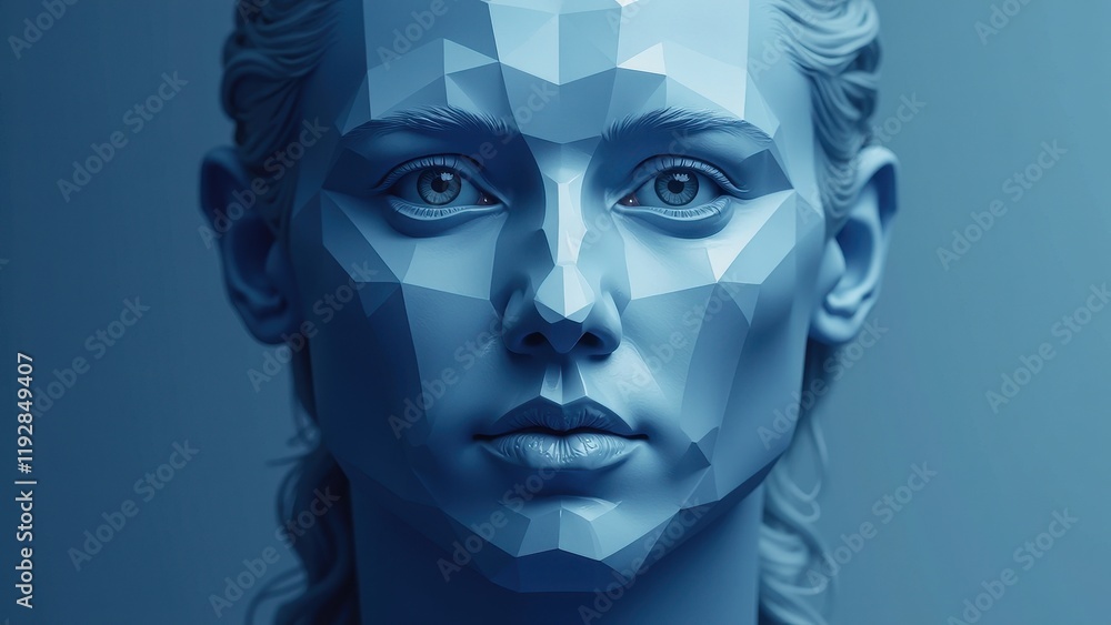 A captivating, abstract portrait with low-poly geometric elements forming a woman’s features in vivid light blue against a deep azure backdrop. Tapered strands frame her visage A captivating, abstract portrait with low-poly geometric elements forming a woman’s features in vivid light blue against a deep azure backdrop. Tapered strands frame her visage