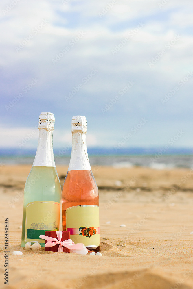 two colorful bottles of champagne with red small ring box with pink ribbon on the sand beach near sea two colorful bottles of champagne with red small ring box with pink ribbon on the sand beach near sea