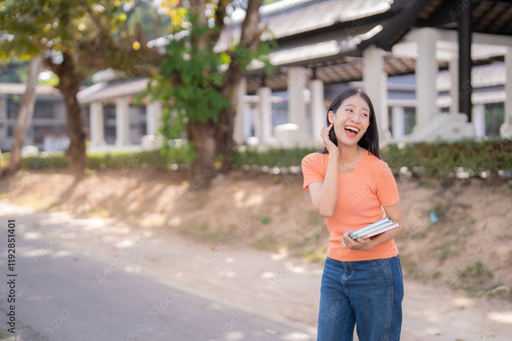 Young Asian female student laughing and holding books while walking along a university campus road, savoring her break time and enjoying the sunny outdoors surrounded by nature