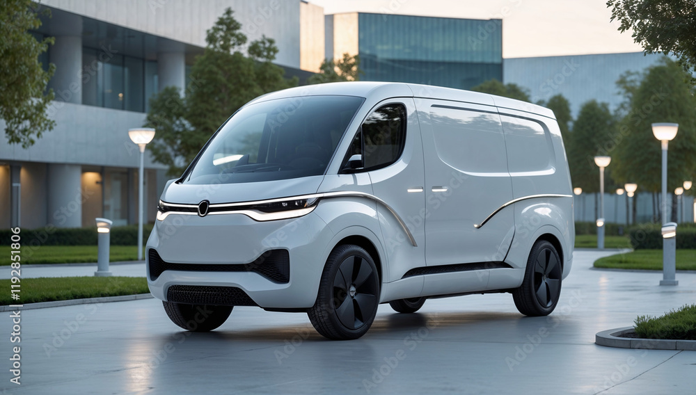 Futuristic white van mockup for technopark location. Futuristic white van mockup for technopark location.