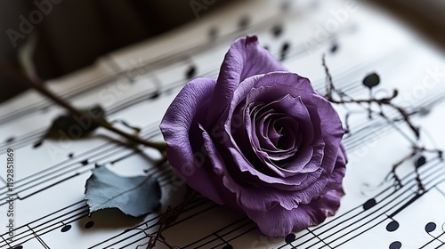 Elegant Purple Rose on Musical Sheet with Delicate Notes