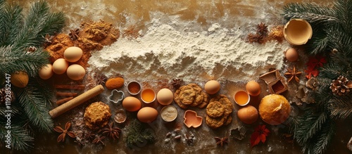 Festive baking ingredients, floury table, Christmas