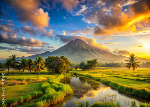 stunning landscape featuring majestic mountain, lush green fields, and serene river under colorful sky at sunset. scene evokes tranquility and natural beauty photo