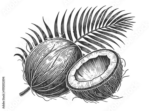 Coconut whole and sliced, a tropical fruit staple sketch engraving generative ai vector illustration. Scratch board imitation. Black and white image.
