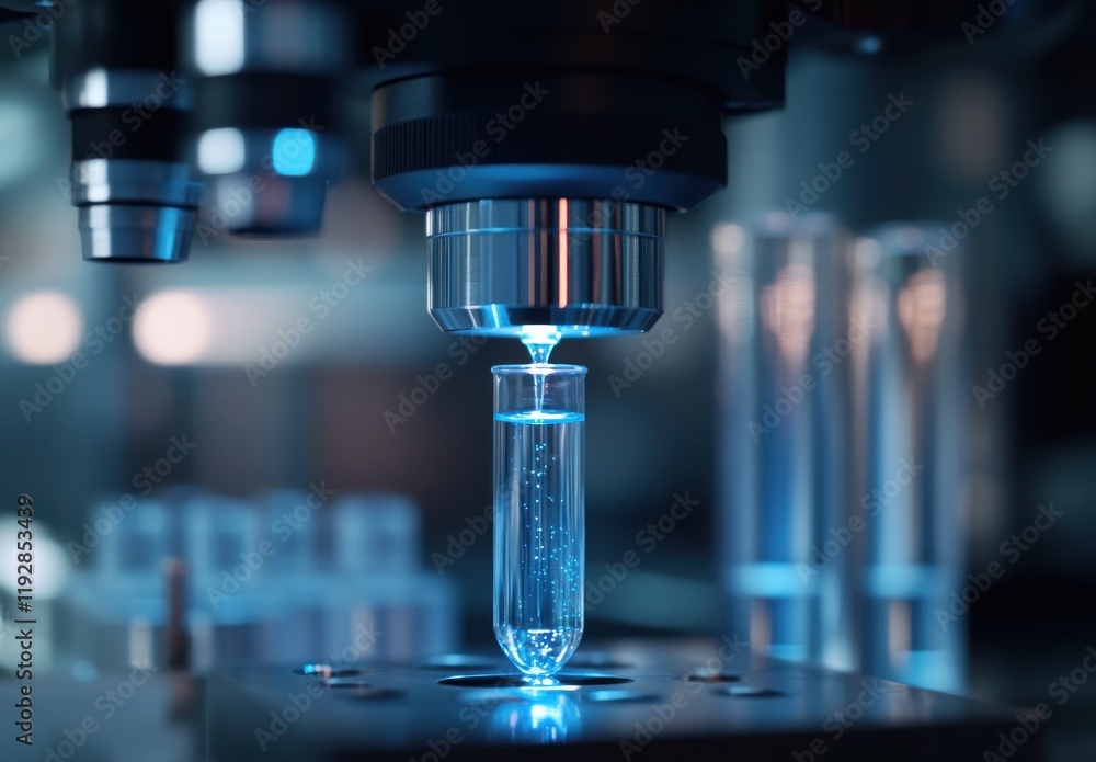 Close-Up of a Laboratory Microscope Focusing on a Test Tube with Bubbles Under Blue Light in a Scientific Research Environment Close-Up of a Laboratory Microscope Focusing on a Test Tube with Bubbles Under Blue Light in a Scientific Research Environment