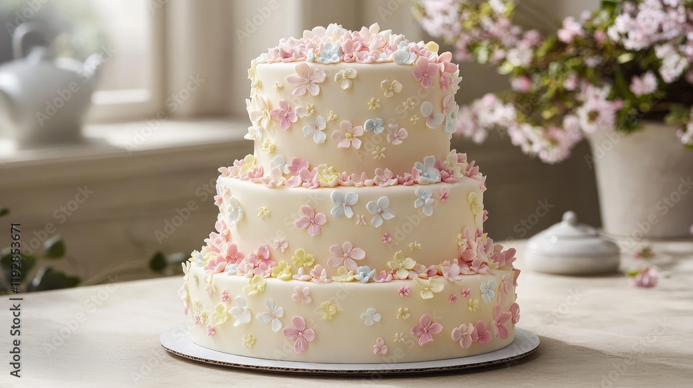 A stunning three-tiered cake with intricate floral icing details in pastel hues, perfect for luxury bakery branding A stunning three-tiered cake with intricate floral icing details in pastel hues, perfect for luxury bakery branding