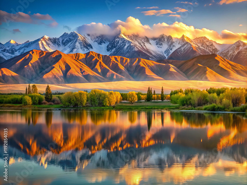 Breathtaking landscape featuring majestic mountain peaks reflecting in tranquil lake at sunset, surrounded by lush greenery and vibrant colors photo