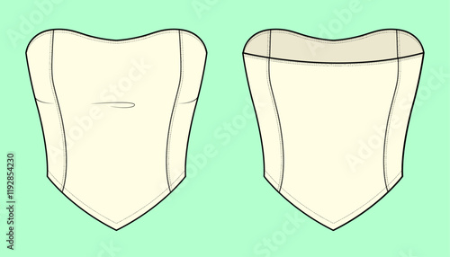 Women's denim strapless top flat sketch, CAD, Sketch Outline, Fashion illustration, Mockup, Template.