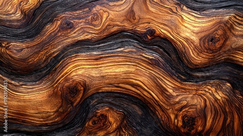 Abstract wood texture with swirling grain patterns in rich brown and black tones.