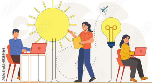 This forward-thinking illustration of green energy features solar panels and a bright future, symbolizing a shift toward a more sustainable and environmentally friendly world.