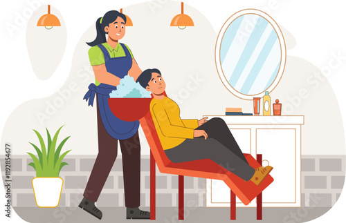 A warm, welcoming illustration of a beauty salon stylist helping a client with their hair, showcasing the personal attention and care in salon services.