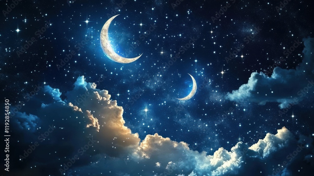 Naklejka premium Crescent Moons & Starry Night Sky