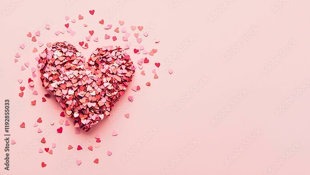 a large glittery pink heart made of small hearts on a pink background. a large glittery pink heart made of small hearts on a pink background.
