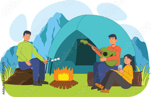 This invigorating illustration features hikers with trekking poles navigating a scenic mountain trail, representing the adventure and challenge of outdoor exploration.