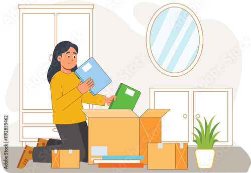 An efficient, organized illustration showcasing a moving service with packed boxes ready for transport, symbolizing smooth relocation and professional service.