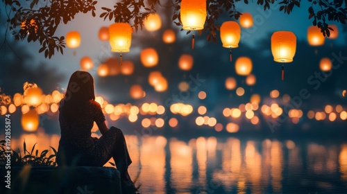 Woman Silhouetted Against Night Sky Floating Lanterns photo