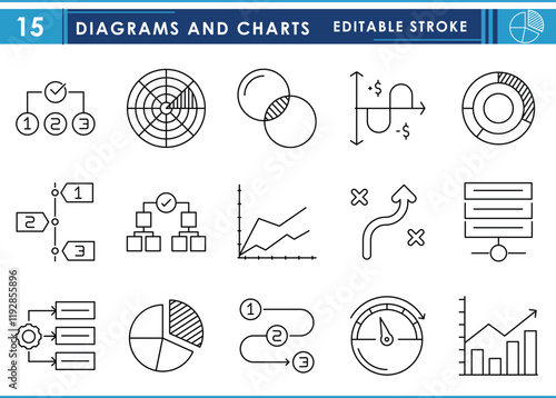 A set of line icons related to various charts and diagrams used in statistics. Rank, rose diagram, histogram, timeline, pie chart, Vein diagram, and so on. Vector editable stroke.