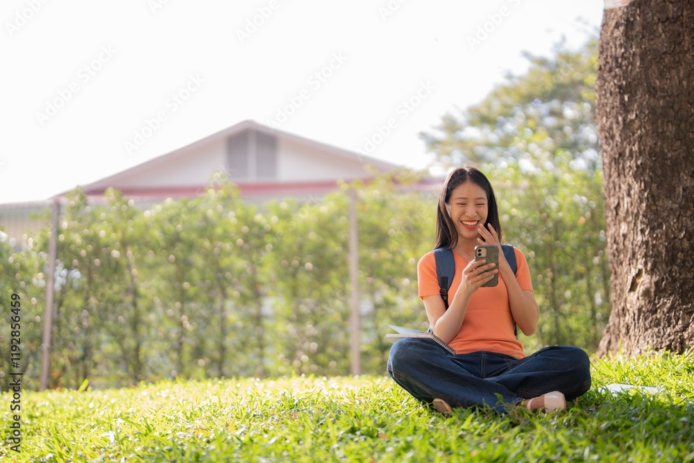 Young asian female college student sitting with crossed legs under a tree in the campus park, using her smartphone and laughing, enjoying a break between classes Young asian female college student sitting with crossed legs under a tree in the campus park, using her smartphone and laughing, enjoying a break between classes